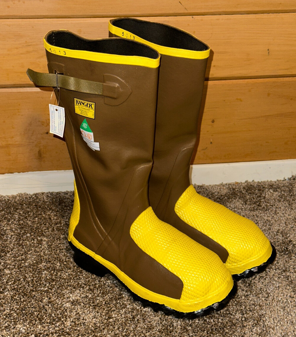 NWT Ranger Honeywell Rubber Boots Mens 8 Brown Yellow Steel Toe Work Fish Rain